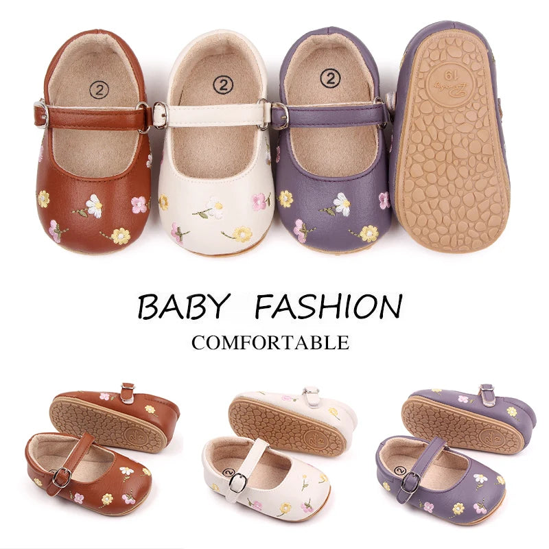 Baby Floral Mary Jane Shoes with Embroidered Flowers, Soft TPR Soles and PU Uppers in Beige Brown or Lavender for Dressy Outfits, Sizes 0-18 Months