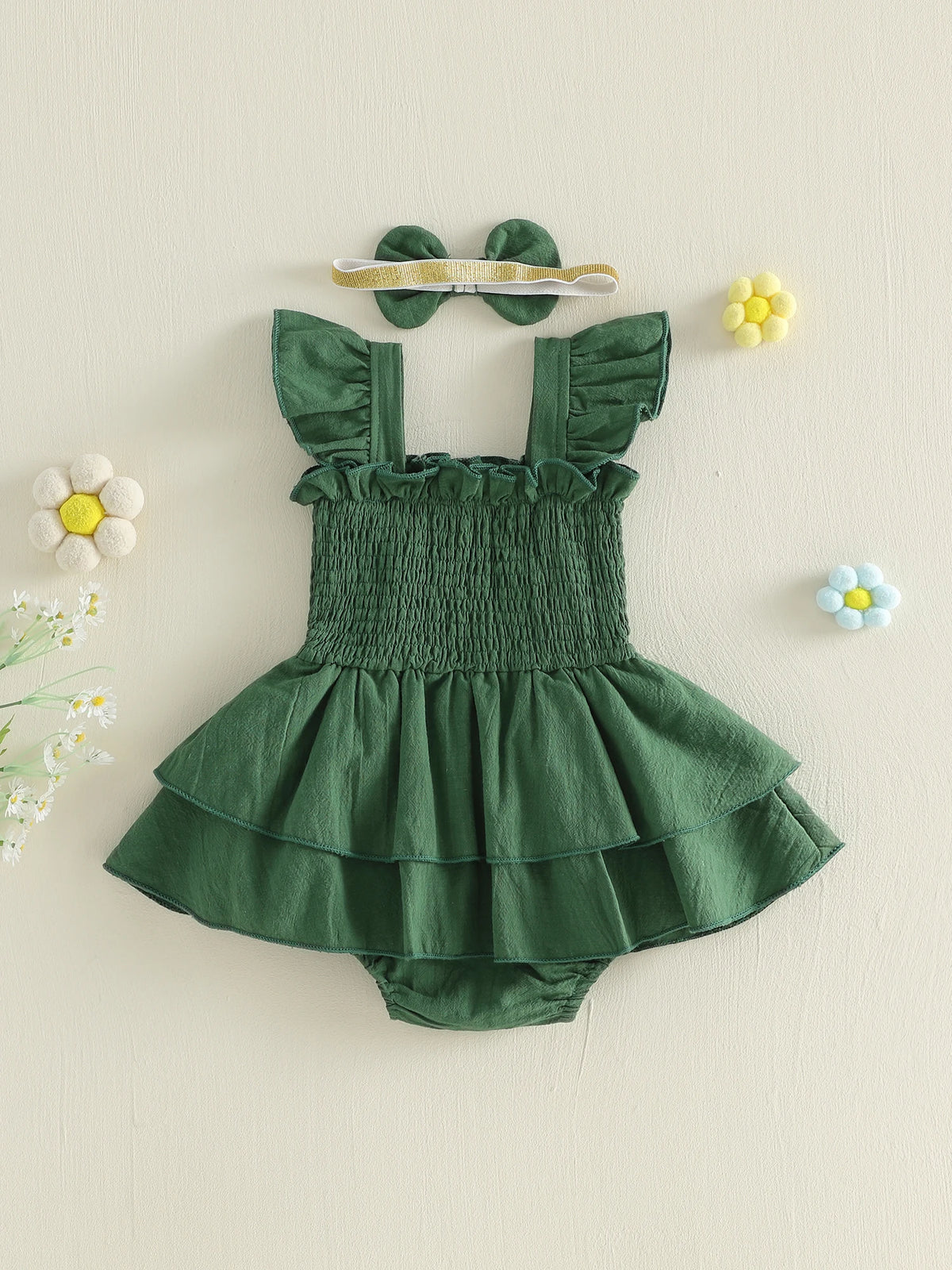 Tiered Baby Girl Romper Dress with Bow Headband, Smocked Cotton Blend Bodice and Flutter Straps, Solid Color Summer Outfit for 0-18 Months