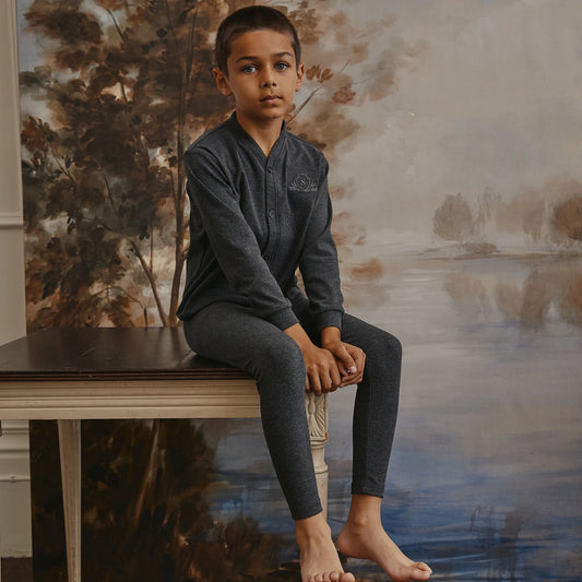 Jersey Sibling Matching Outfits in Gray and Navy, Long Sleeve Girls Maxi Dress and Embroidered Boys Set Options with Cotton Rayon Stretch Blend