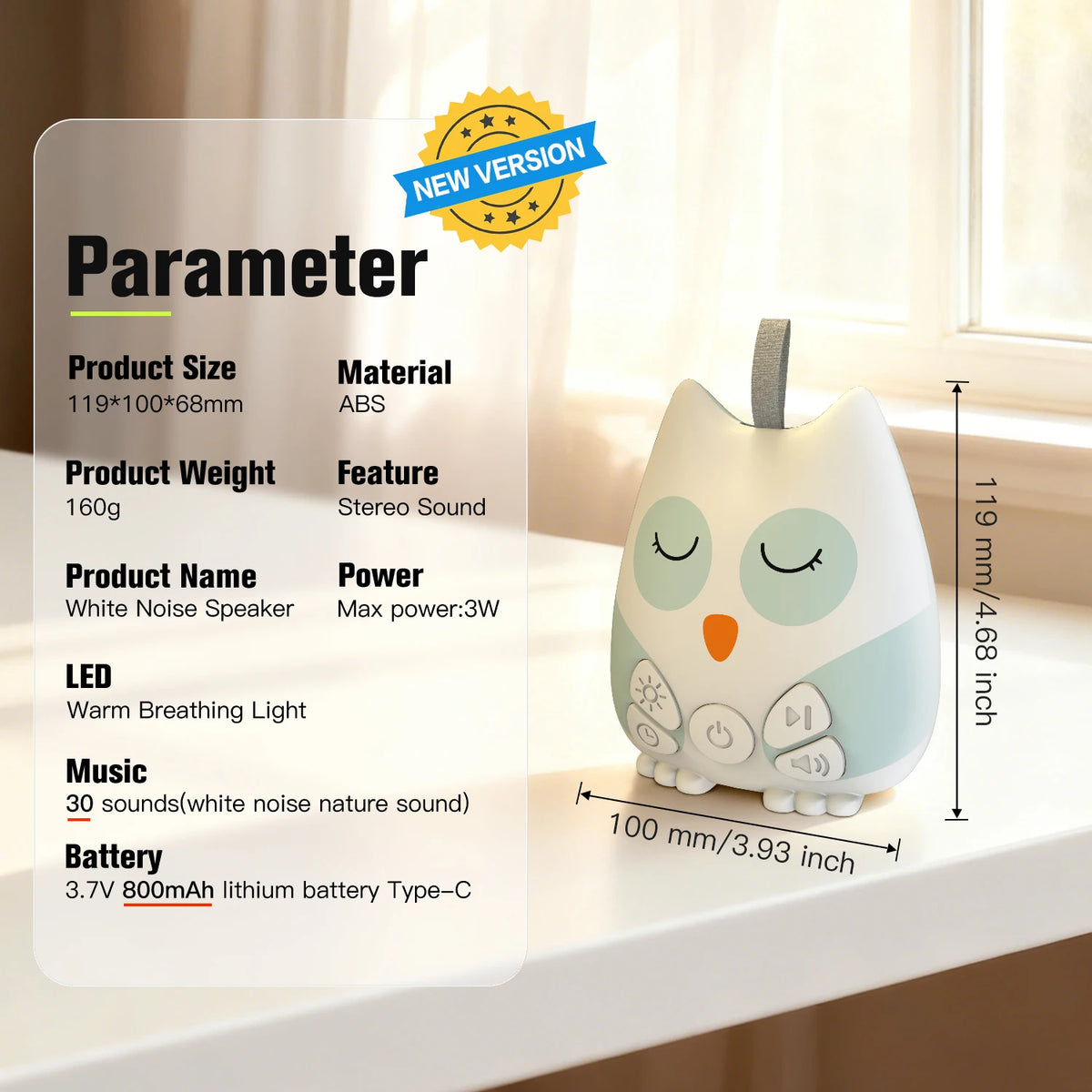 Owl Baby Sound Machine with Cry Sensor, 30 Soothing Sounds, Breathing Night Light and 30/60/90-Minute Timer, USB-C Rechargeable for Nursery & Travel