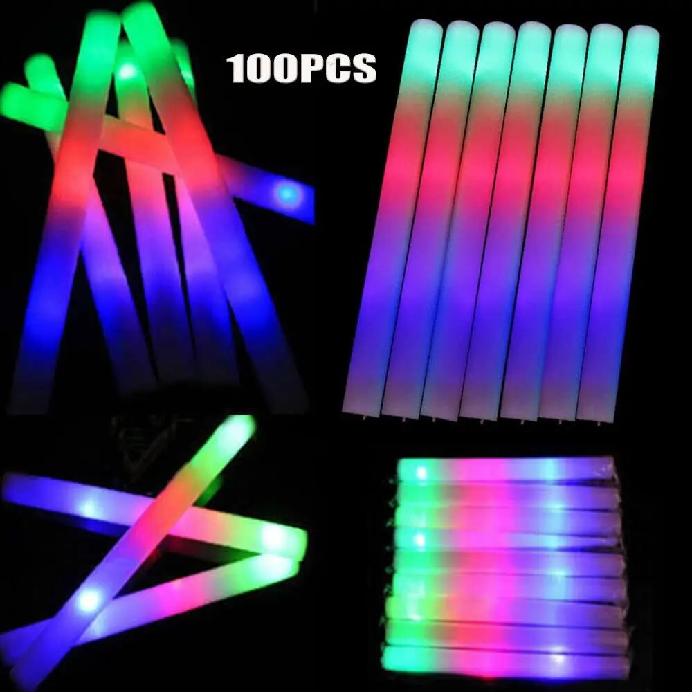 Bulk RGB LED Glow Sticks, 100-Pack Light-Up Foam Cheer Tubes with 3 Flashing Modes and Included Batteries for Weddings, Birthdays and Christmas Parties