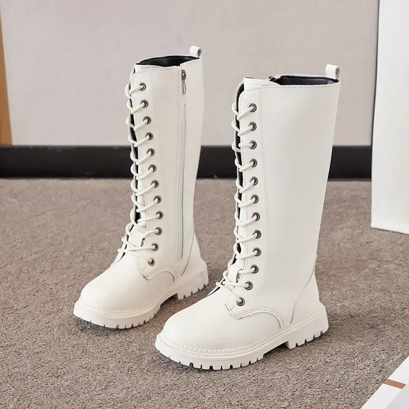Lace-Up Knee-High Boots for Girls with Side Zippers and Chunky Soles, Black or Beige Motorcycle-Inspired Tall Fashion Shoes, Sizes 27–37
