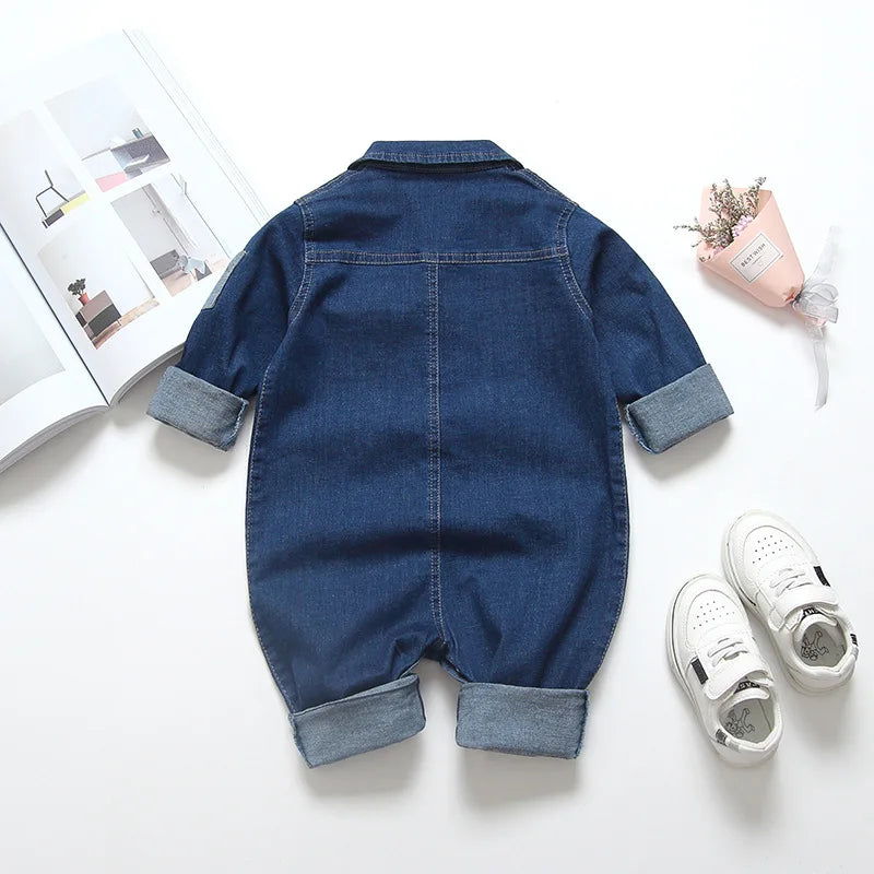 Collared Baby Denim Romper by IENENS with Chest Pockets and Snap Fastenings, Blue Long Sleeve One-Piece Outfit for Boys and Girls in 0-18M Sizes