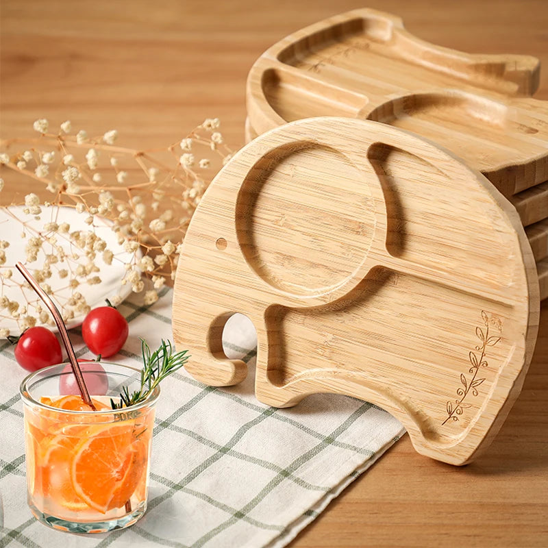 Baby Bamboo Suction Plate Set with Wooden-Handle Spoon and Fork, 3-Piece Cartoon Dinnerware with Divided Elephant Design for Toddler Meals