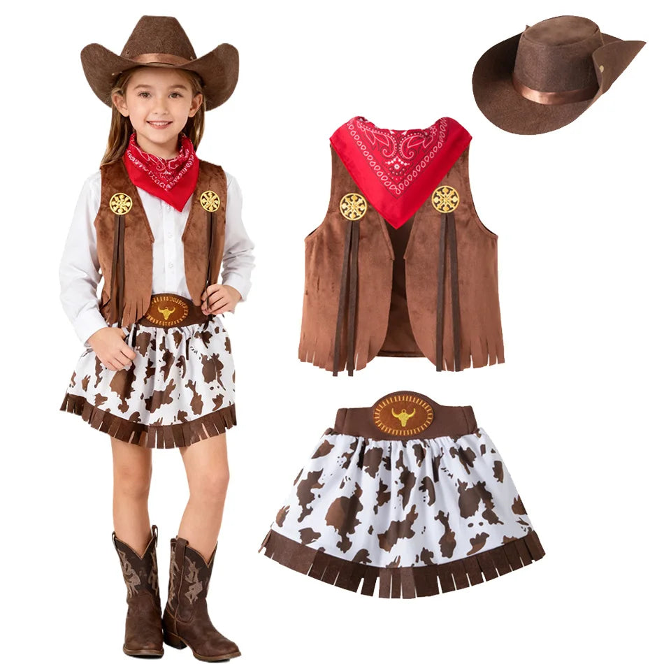 Girls Cowgirl Costume Set with Brown Fringe Vest, Cow-Print Skirt, Hat and Bandana, Western Dress-Up Outfit for Halloween and Birthday Parties