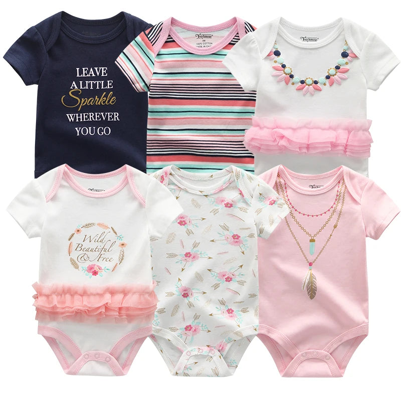 Baby Cotton Bodysuit Set, 6-Piece Short Sleeve Outfits with Envelope Shoulders and Snap Crotch for Boys and Girls, Sizes 3M-12M