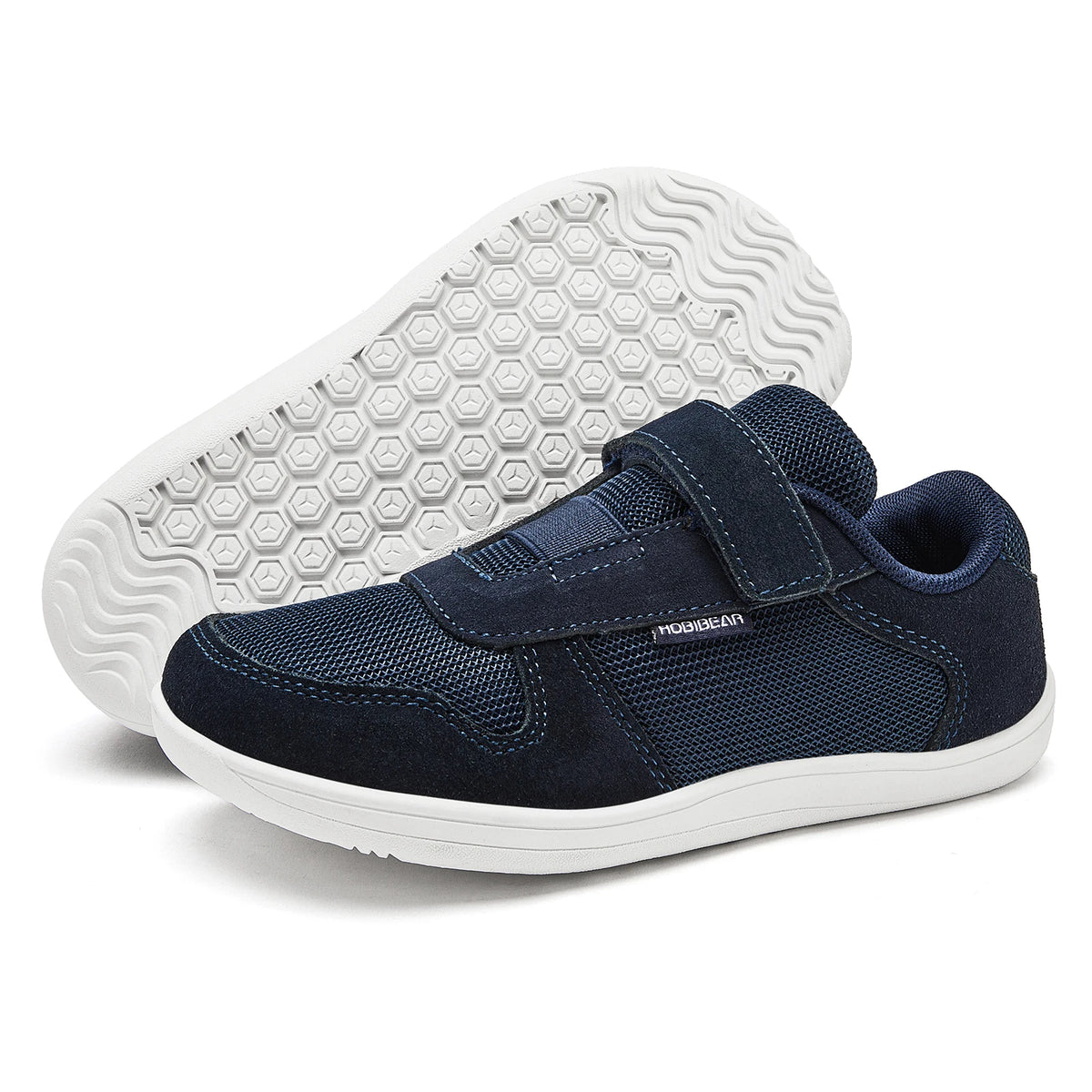 Kids Zero-Drop Barefoot Sneakers by HOBIBEAR with Wide Toe Box, Hook-and-Loop Strap, Mesh Upper and Artificial Leather Toe for Lightweight Everyday Wear