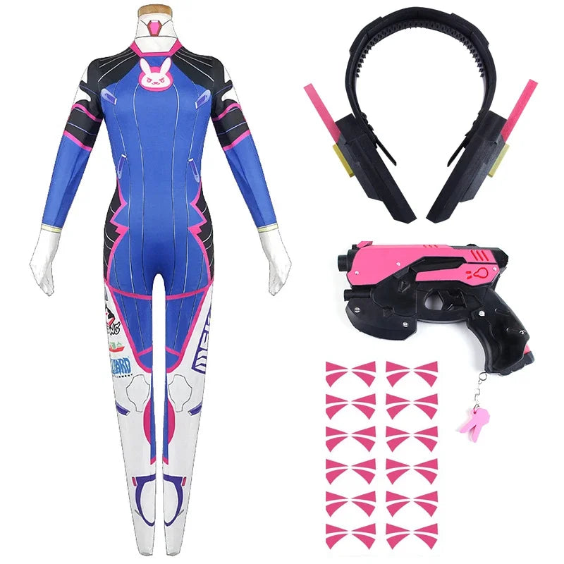 D.va Cosplay Costume and Accessory Options for Women, Blue Character Jumpsuit, Wig, Headset and Prop Selections for Halloween and Conventions