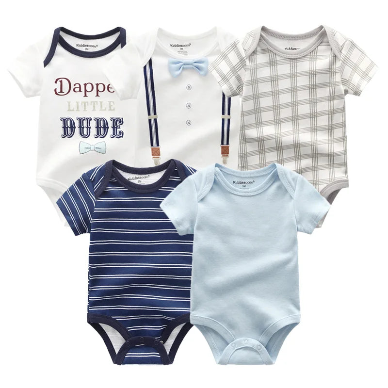 Cotton Baby Bodysuit Set of 5, Short Sleeve and Sleeveless Infant Clothing Styles with Solid Colors and Prints for Boys and Girls, 3M-12M