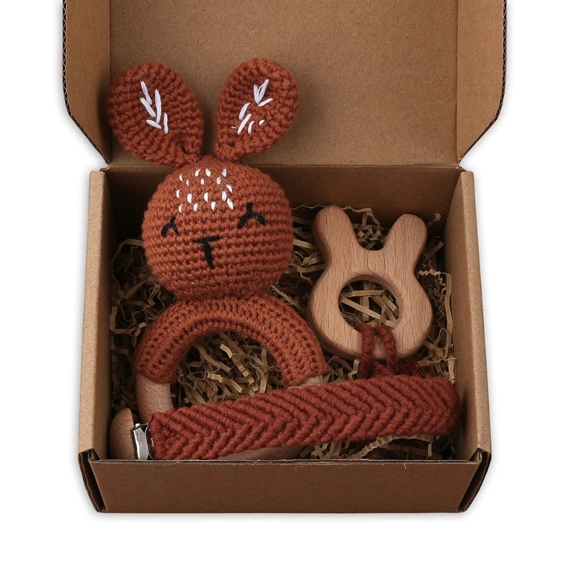 Crochet Animal Rattle Set with Wooden Ring and Coordinating Accessories, Rabbit, Deer and More Designs for Supervised Play and Baby Shower Gifts