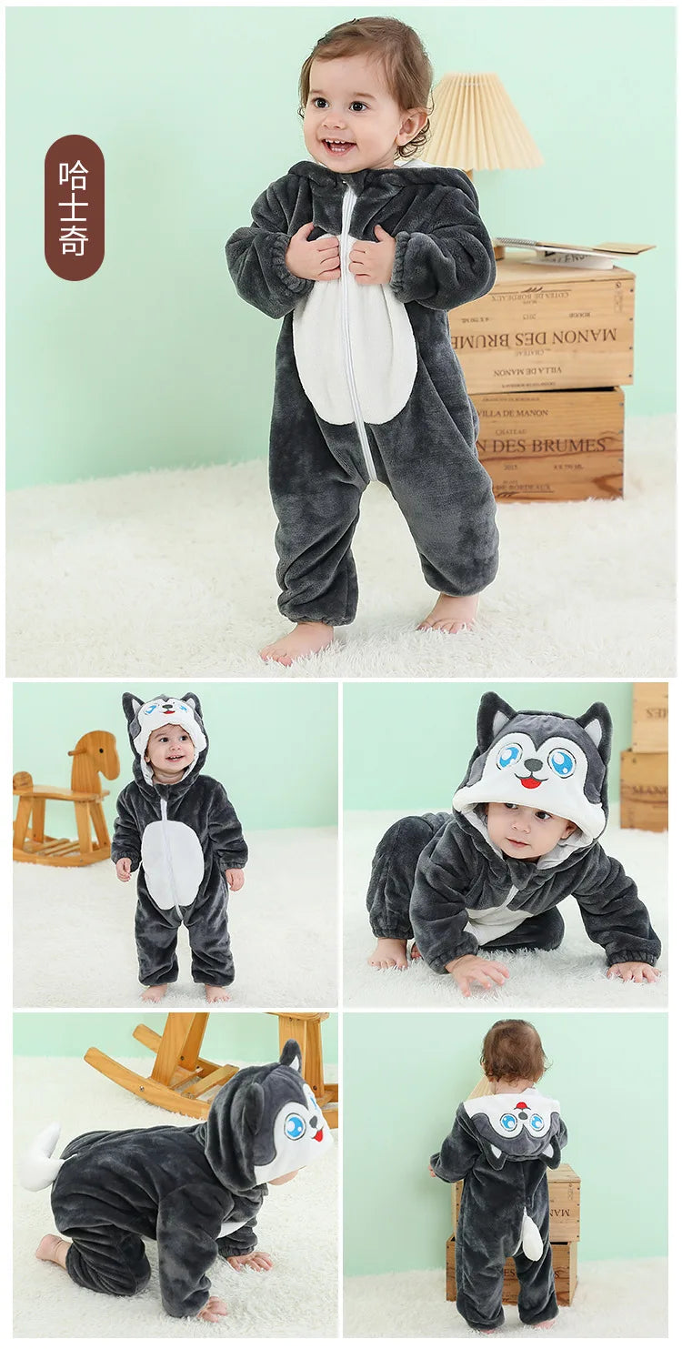 Animal Kigurumi Costume for Babies and Toddlers, Hooded Flannel Jumpsuit with Long Sleeves for Halloween Dress-Up and Family Photos
