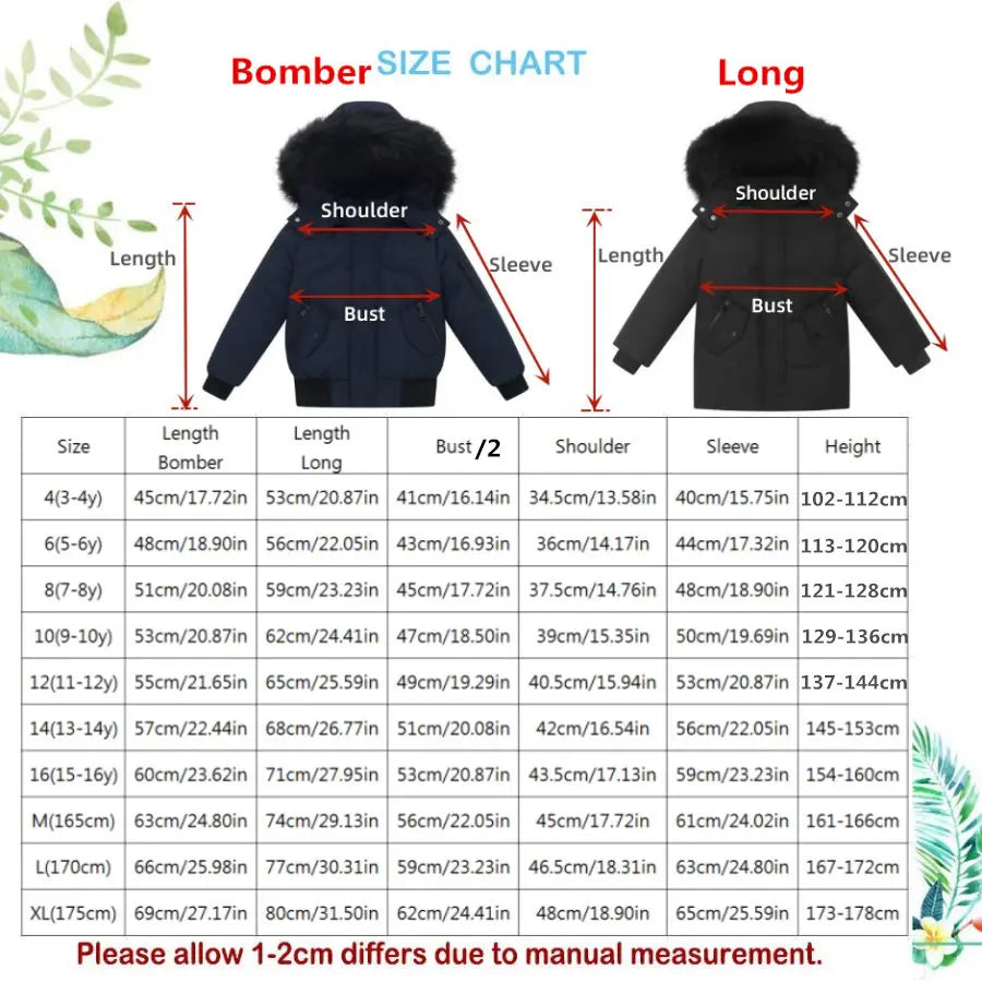 Kids Down Winter Coats with Fur-Trimmed Hoods, Black or Navy Short Bomber and Long Parka Styles for Boys and Girls, Child and Teen Size Options
