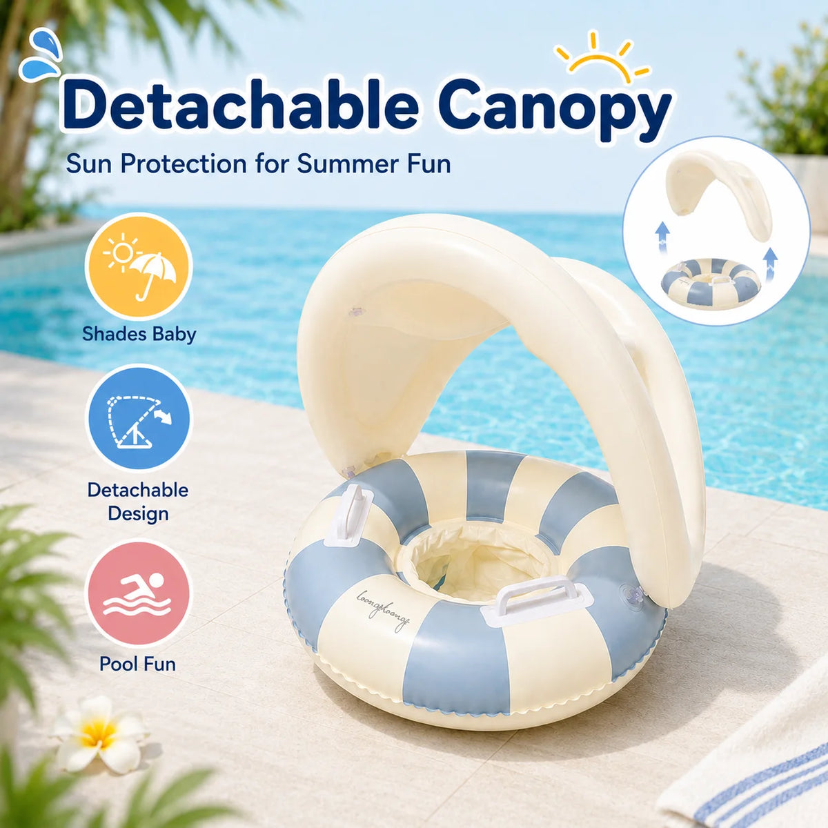 Inflatable Baby Pool Float Seat with Detachable Canopy and Easy-Grip Handles, Retro Striped Swim Ring for Supervised Summer Water Play