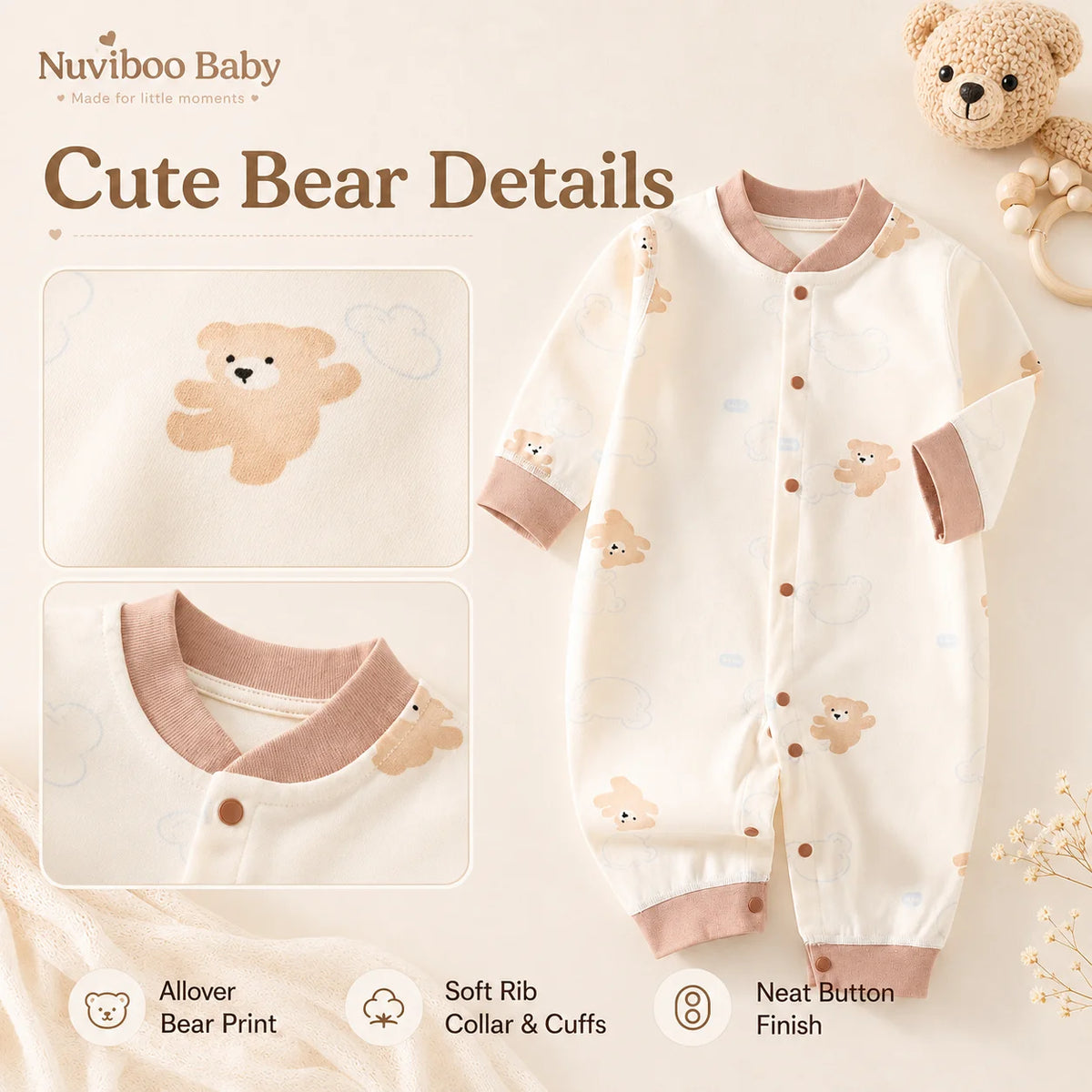 Long Sleeve Cotton Baby Romper with Front Snaps and Footless Cuffs, Animal Prints and Solid Colors for Boys and Girls, Sizes 59-90 cm