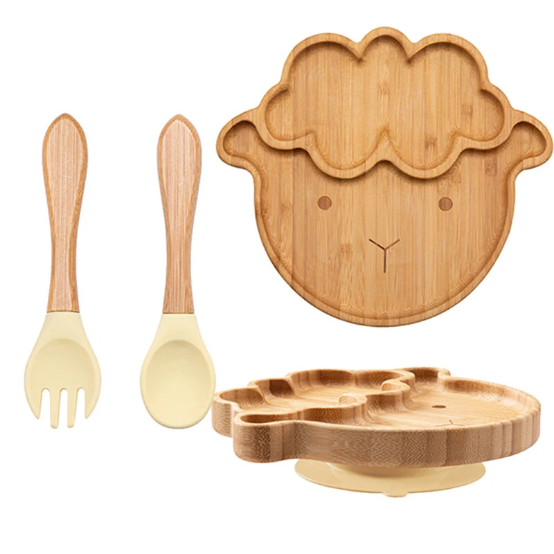 Baby Bamboo Suction Plate Set with Wooden-Handle Spoon and Fork, 3-Piece Cartoon Dinnerware with Divided Elephant Design for Toddler Meals