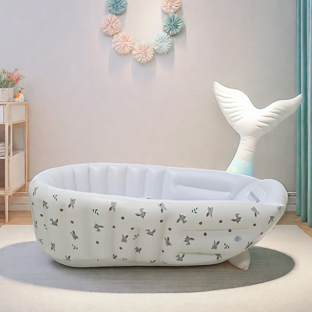 Portable Baby Bath Tub with Built-In Air Pump, Inflatable PVC Bathtub in Animal and Olive Prints for Home Bathing and Family Travel