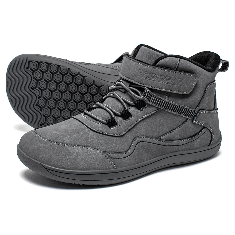 Kids Barefoot Boots with Wide Toe Box, Zero-Drop Sole and Adjustable Hook-and-Loop Strap, HOBIBEAR Artificial Leather Mid-Top Outdoor Shoes