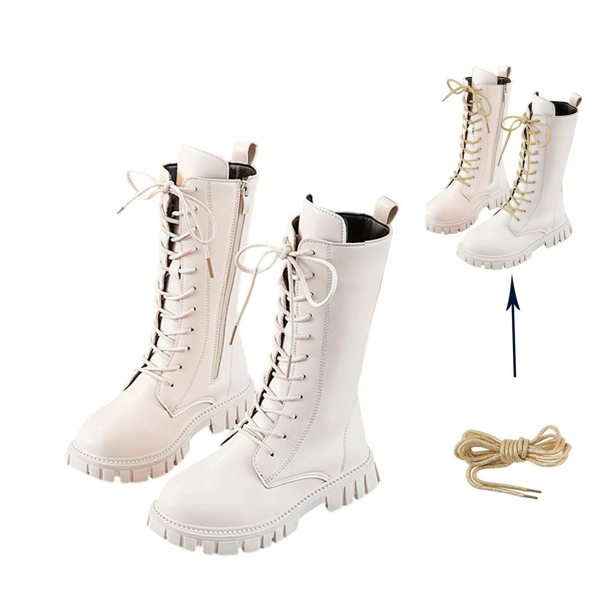 Girls Mid-Calf Lace-Up Boots with Side Zippers, Chunky Lug-Style Soles and Back Pull Tabs, Fall Winter Fashion Footwear in Sizes 27-36