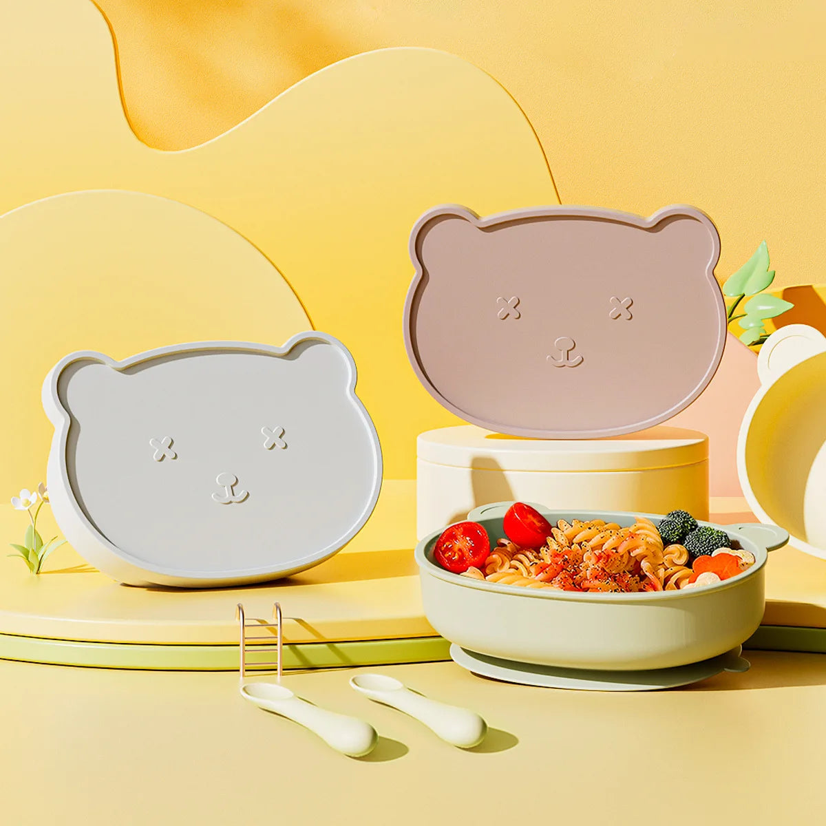 Bear-Shaped Silicone Baby Plate with Lid, Anti-Slip Feeding Dish with Raised Sides for Supervised Infant and Toddler Meals in Four Colors