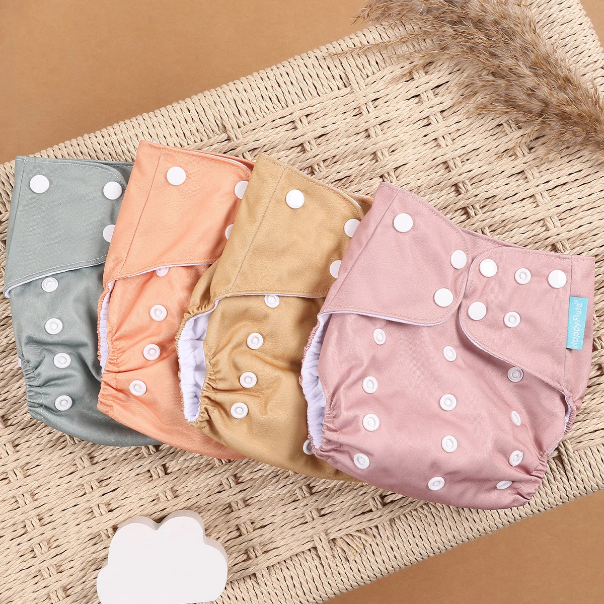 Pocket Cloth Diapers 4-Pack by Happyflute, Reusable Baby Nappies with Printed PUL Outer, Suede Cloth Lining and Snap Closures for 3–15 kg