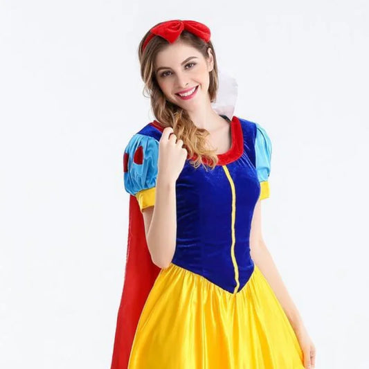 Adult Snow White Costume Dress with Headdress, Blue Bodice, Yellow Skirt and Puff Sleeves for Womens Halloween Parties and Princess Cosplay