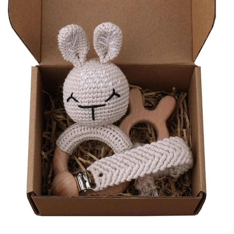 Crochet Animal Rattle Set with Wooden Ring and Coordinating Accessories, Rabbit, Deer and More Designs for Supervised Play and Baby Shower Gifts