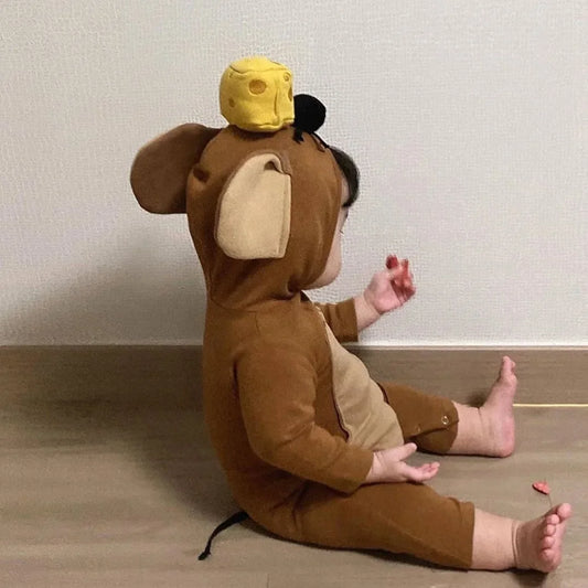 Mouse Costume Baby Romper with Hood and Round Ears, Long Sleeve Footless Animal Jumpsuit for Boys and Girls in Dark Blue or Brown