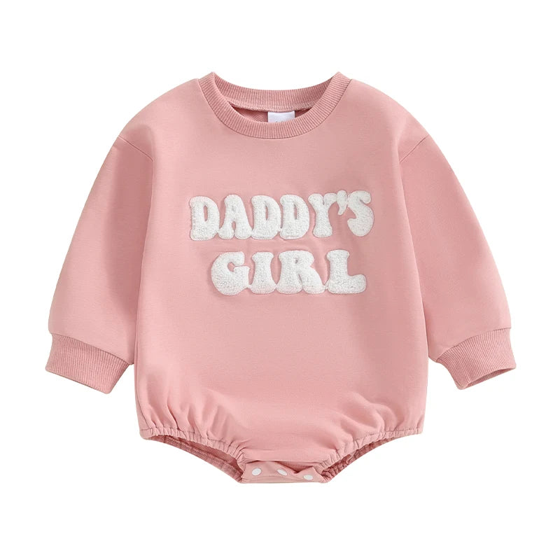 Daddy's Girl Baby Sweatshirt Romper with Letter Embroidery, Cotton-Blend Long Sleeve Crew Neck One-Piece Outfit for Spring and Fall, 3M-18M