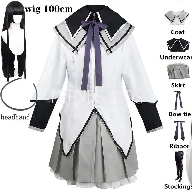 Akemi Homura Cosplay Uniform with White Coat, Gray Skirt, Purple Bows and Stockings, Anime Character Outfit for Halloween and Convention Events