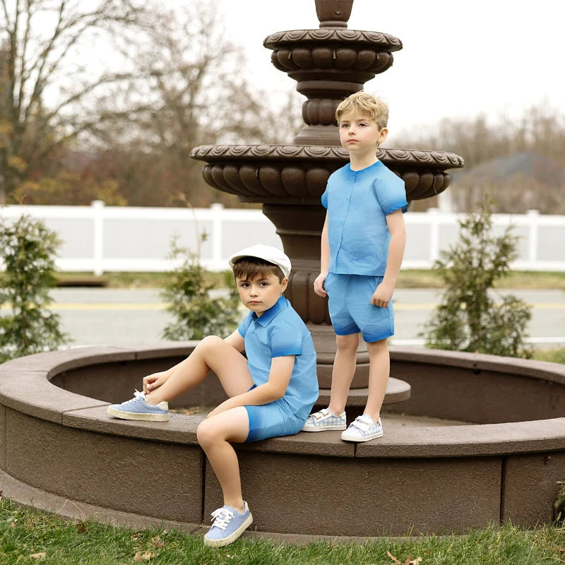 Peach and Blue Sibling Matching Outfits, Cotton Girls Collared Dresses, Boys Shirts and Shorts, Baby Rompers and Toddler Two-Piece Clothing