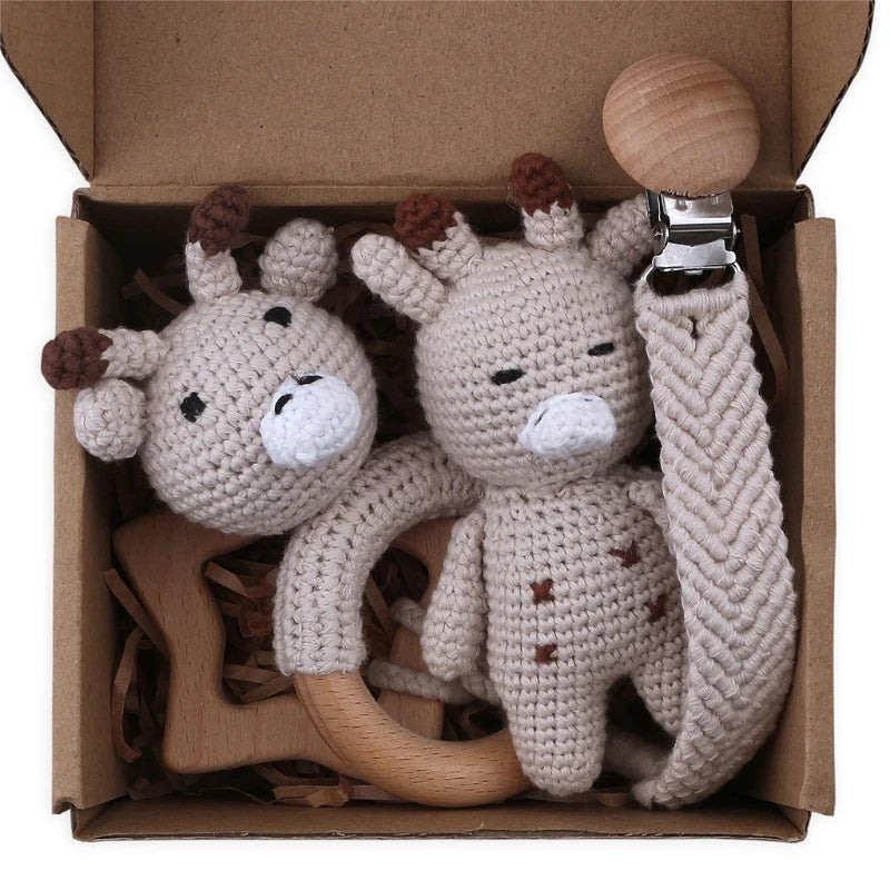 Crochet Animal Rattle Set with Wooden Ring and Coordinating Accessories, Rabbit, Deer and More Designs for Supervised Play and Baby Shower Gifts