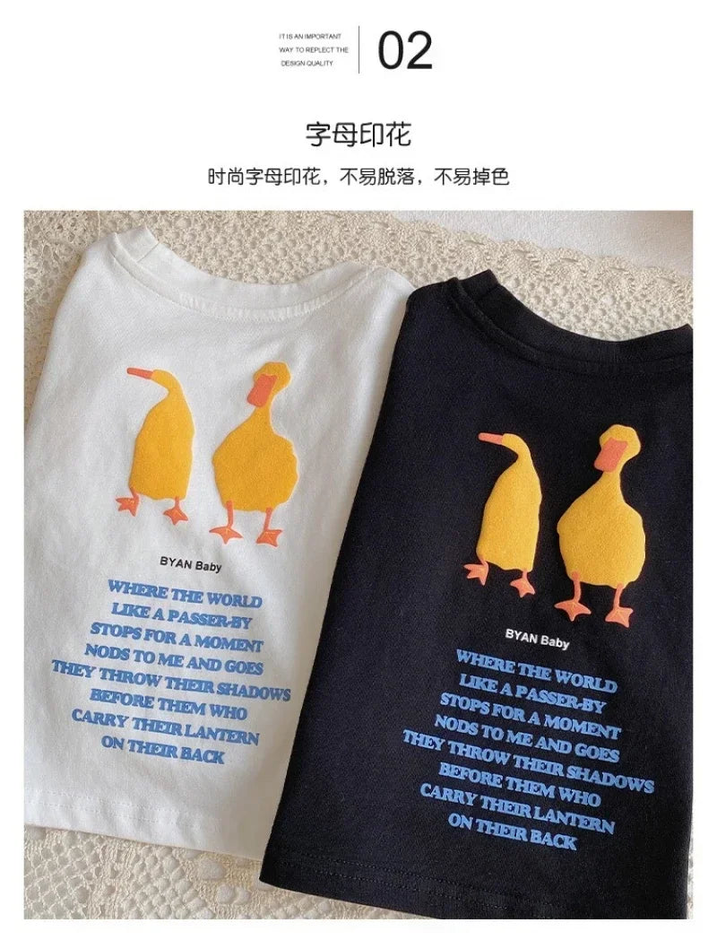 Duck Print Kids Long Sleeve T-Shirt with Crewneck and Letter Graphic, Loose Cotton Casual Top in White or Black for Spring Outfits, Sizes 90-140