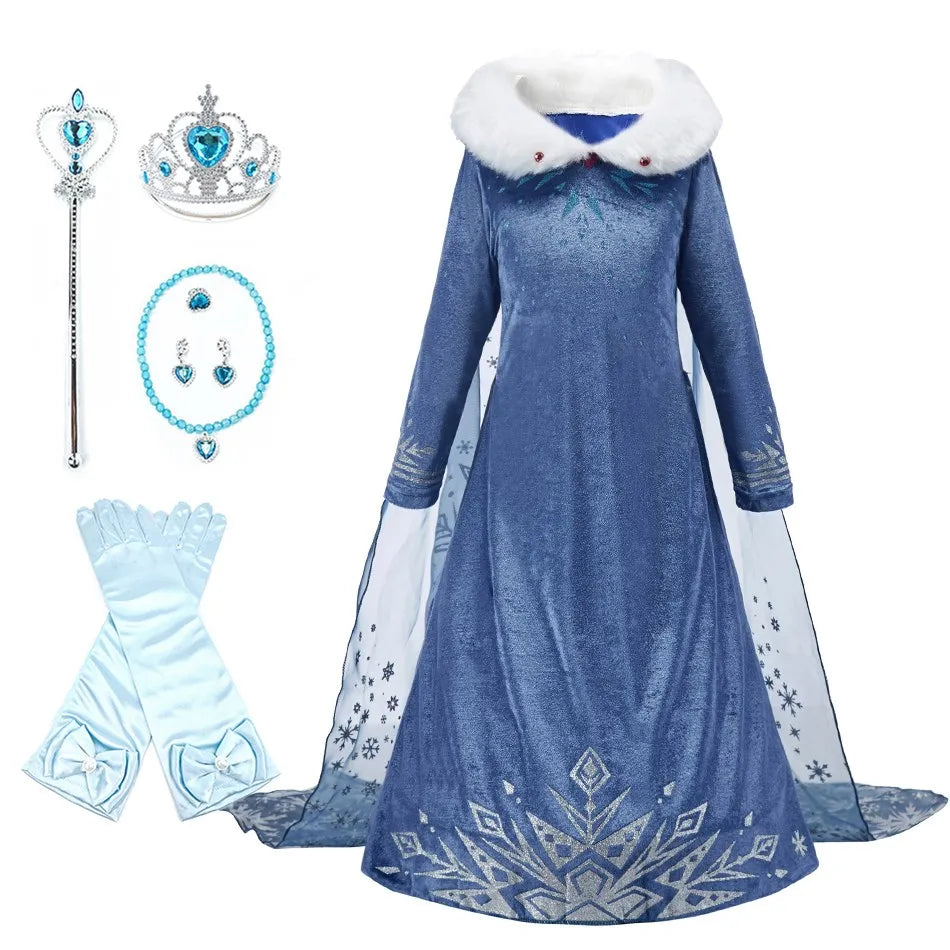 Girls Ice Princess Costume Dress with Long Sleeves, Fluffy Collar and Snowflake Cape, Blue Snow Queen Outfit for Birthdays and Halloween