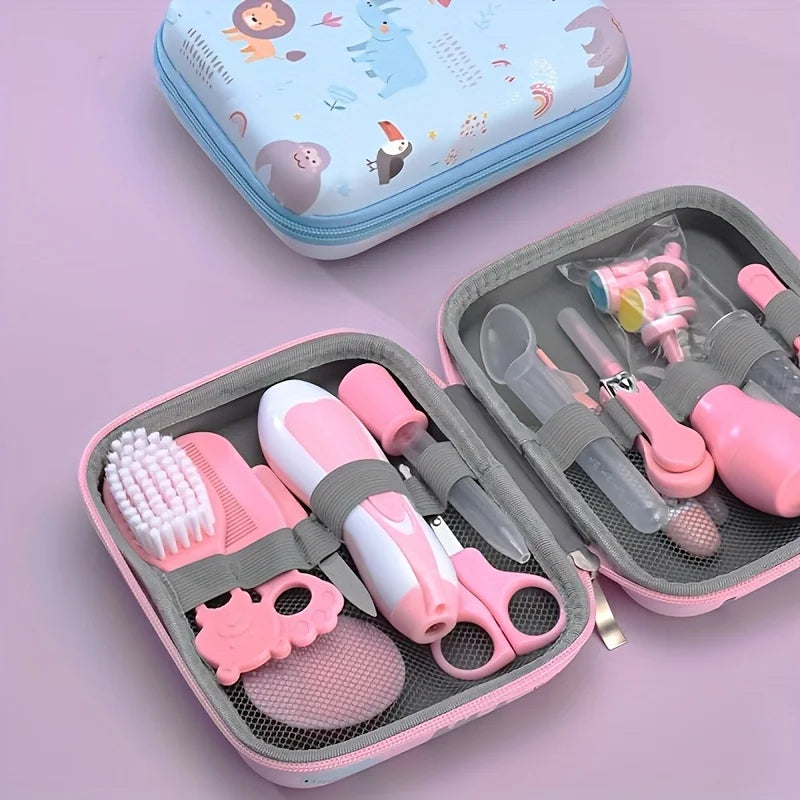 20-Piece Baby Grooming Kit with Electric Nail Trimmer, Digital Thermometer, Hair Brush, Comb and Animal-Print Travel Case in Blue or Pink