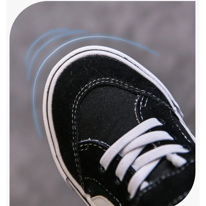 Kids Low-Top Canvas Shoes in Black and White with Hook-and-Loop Strap, Lace Detail and Contrast Side Stripe for Everyday Casual Outfits