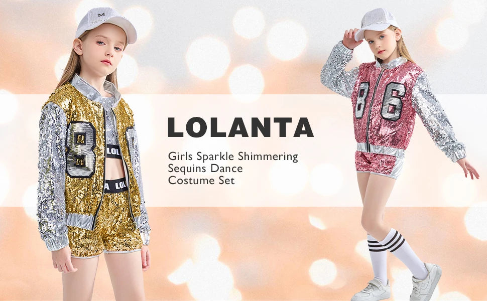 Girls Sequin Hip Hop Dance Costume Set with Metallic Trim Jacket, Crop Top, Shorts and Striped Socks for Jazz Recitals and Stage Performances