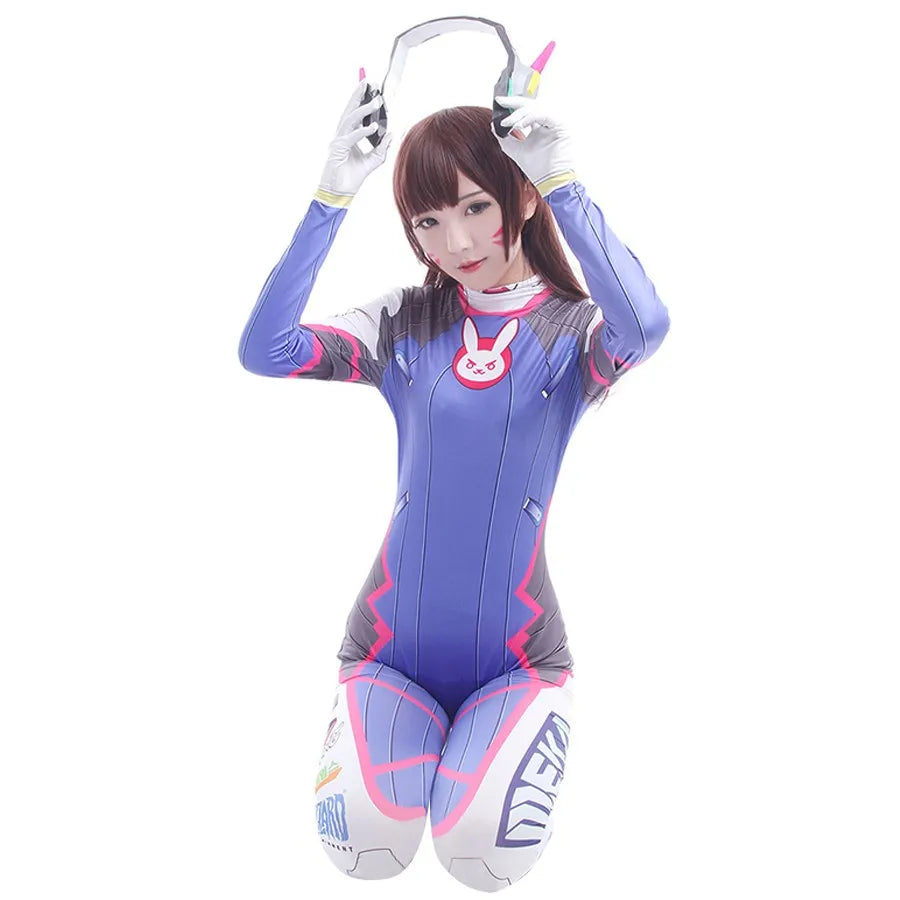 D.va Cosplay Costume and Accessory Options for Women, Blue Character Jumpsuit, Wig, Headset and Prop Selections for Halloween and Conventions