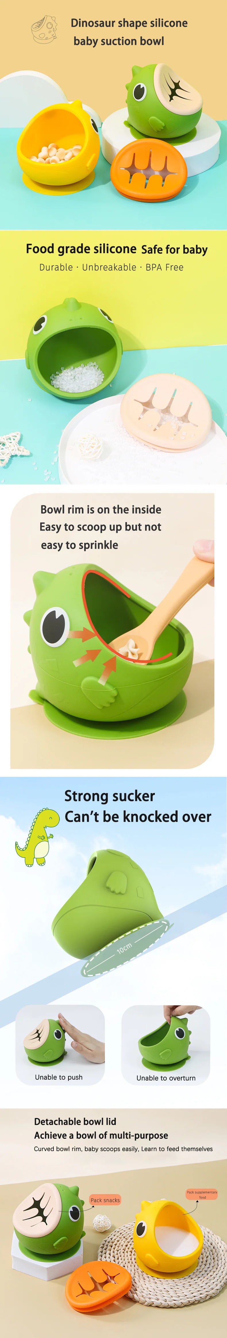 Dinosaur Silicone Suction Bowl with Slotted Snack Lid, Cartoon Baby Feeding Dish for Supervised Weaning Meals and Toddler Snacks