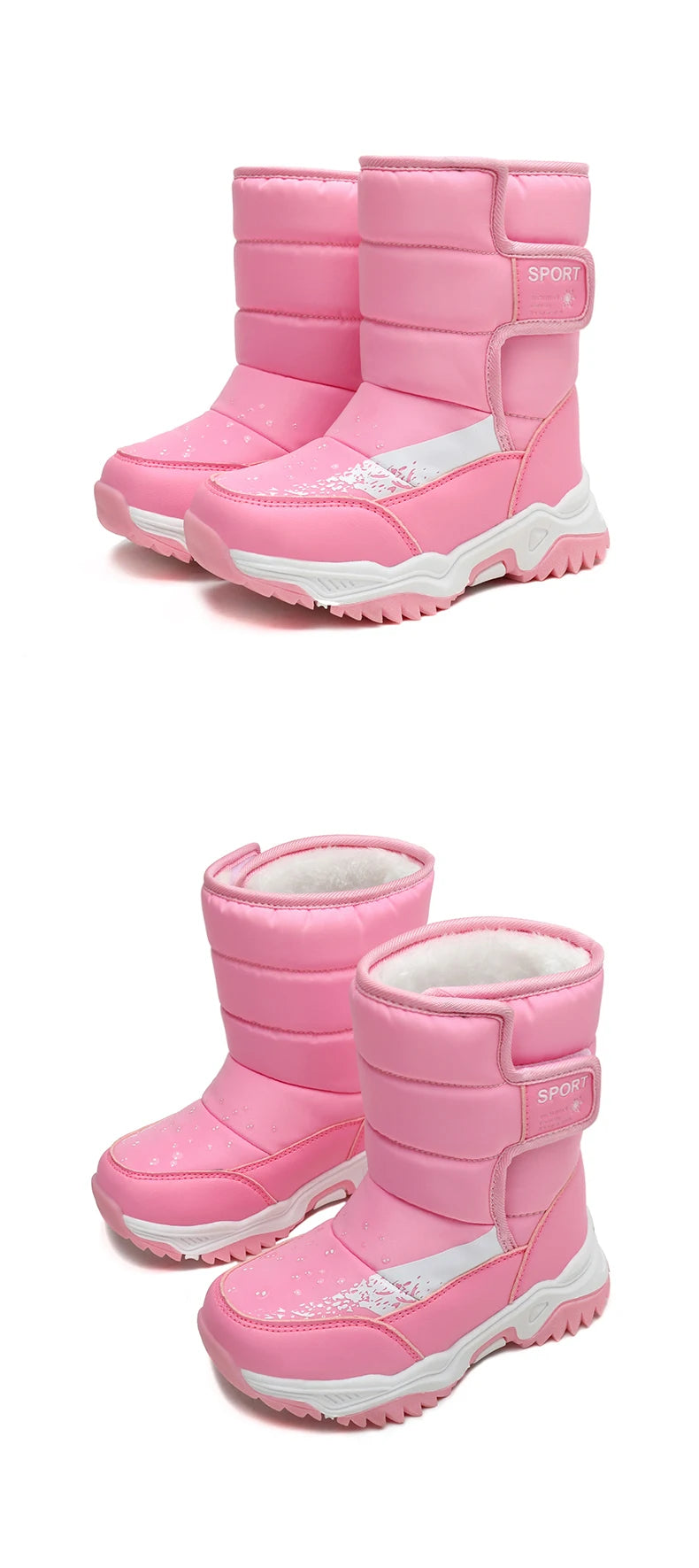Kids Plush-Lined Winter Boots with Padded Shafts and Front Flap Closures, Pink or Purple Snow-Style Footwear for Boys and Girls