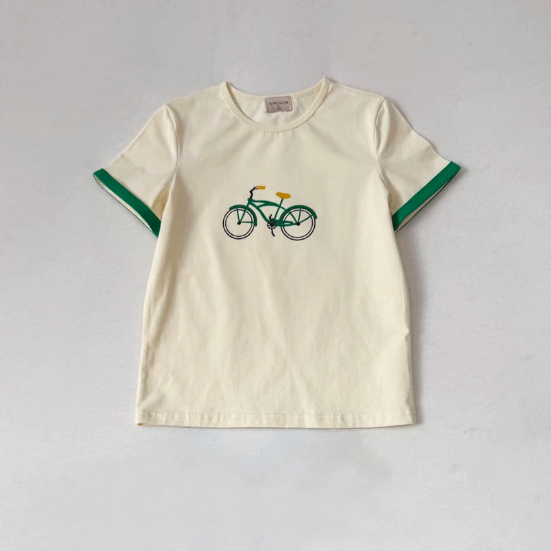 Bicycle Print Sibling Matching Outfits, Cream Girls Dresses and Tops with Red Skirts, Boys Green Shorts and Baby Rompers for Family Photos