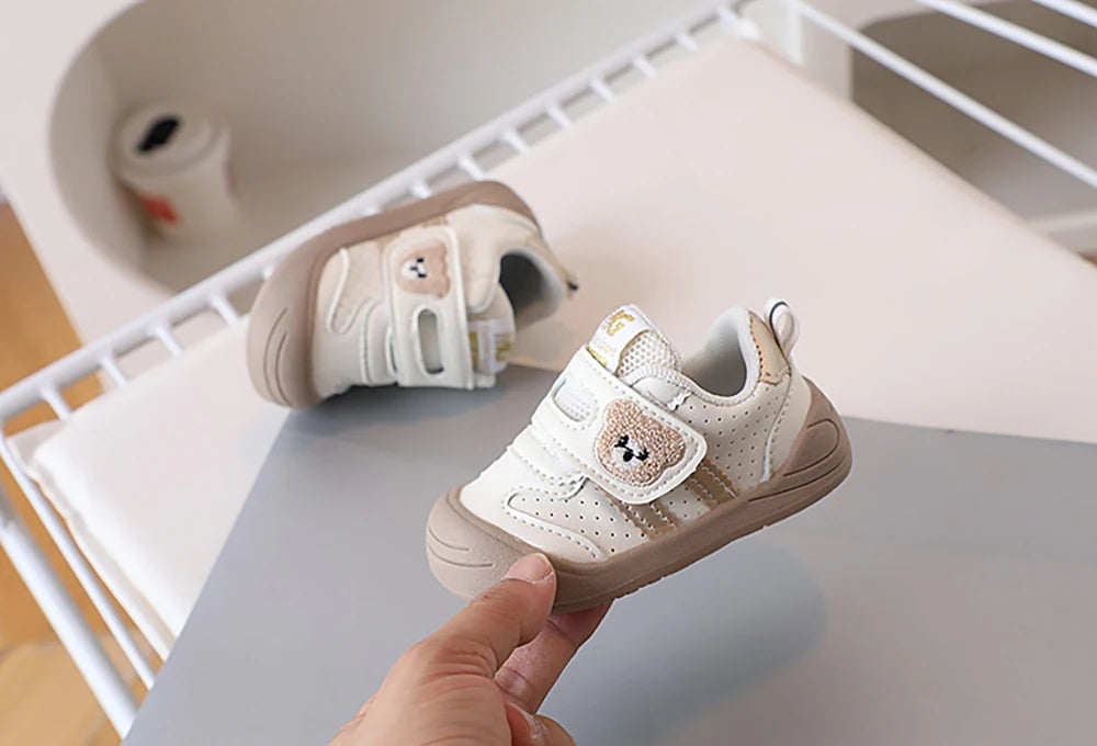 Toddler Bear Sneakers with Hook-and-Loop Strap, Perforated Upper and Striped Sides, Baby Boys and Girls Casual Shoes in Black Gold or Red, Sizes 16-25