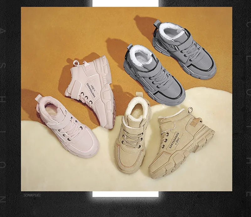 Kids Plush-Lined Winter Boots with Hook-and-Loop Ankle Strap and Lace-Up Front, Gray or Khaki High-Top Casual Shoes with Chunky Sole in Sizes 26–37