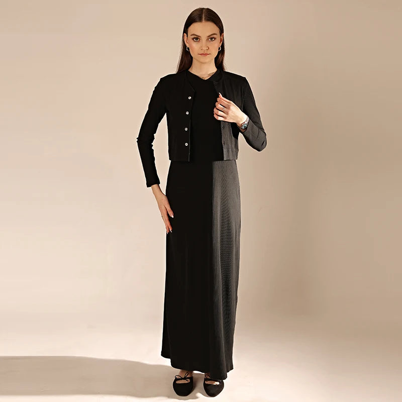 Women's Sleeveless Maxi Dress and Button-Front Cardigan Options, Black and Cream Layering Outfit for Everyday Wear, Ladies XS-3XL
