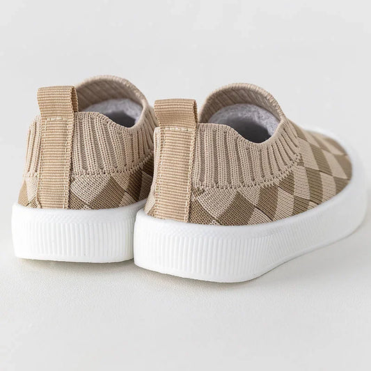 Checkered Baby Slip-On Shoes with Knit-Look Uppers and Heel Pull Tabs, Soft-Sole Casual Sneakers for Spring and Fall Outfits, Inner Lengths 11.5-15.5cm
