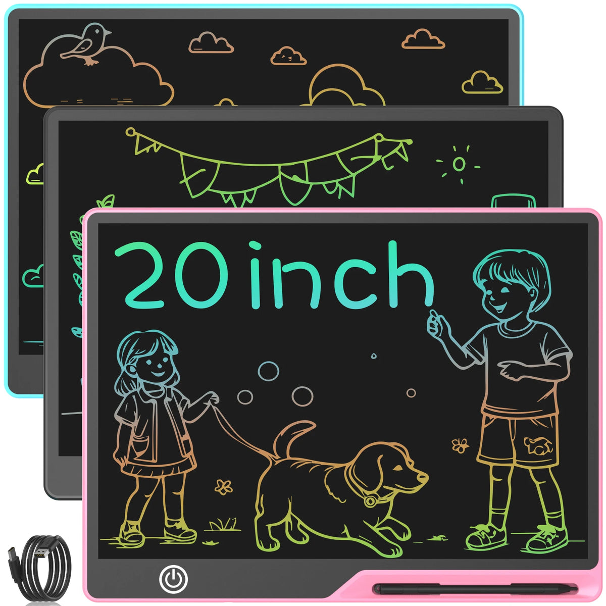 Rechargeable LCD Writing Tablet for Kids, 16 or 20 Inch Color Drawing Board with Screen Lock, Erase Button and Stylus for Learning and Memos