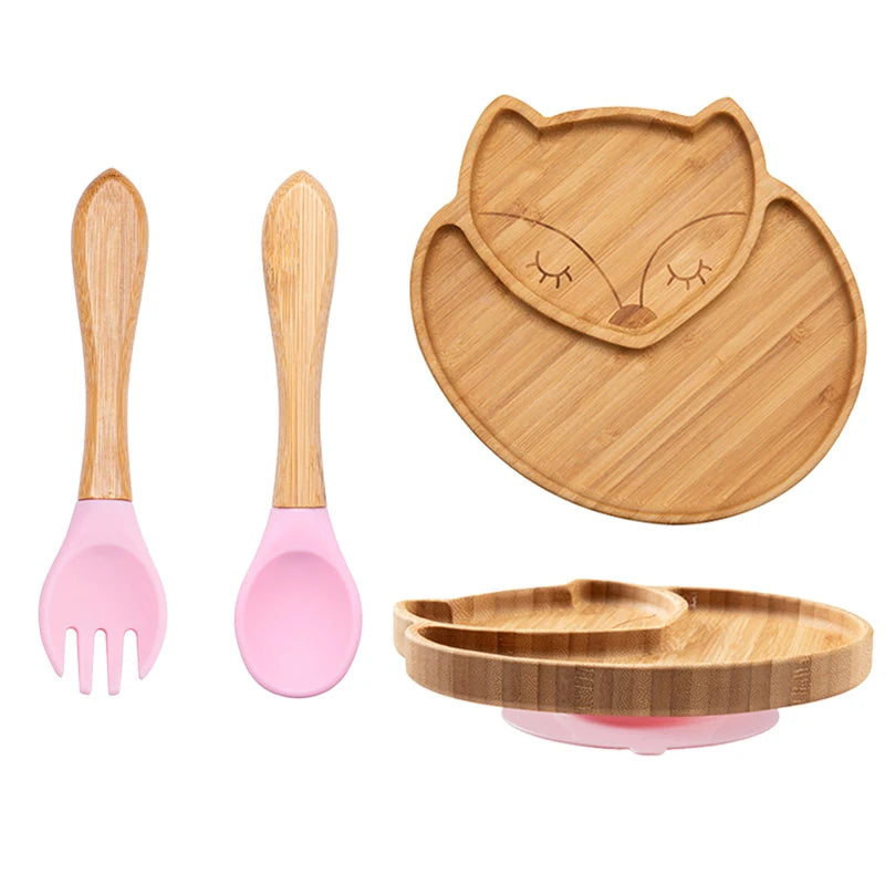 Baby Bamboo Suction Plate Set with Wooden-Handle Spoon and Fork, 3-Piece Cartoon Dinnerware with Divided Elephant Design for Toddler Meals