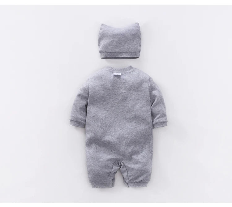Gray Baby Romper and Hat Set with Cotton Long Sleeve Jumpsuit, Curved Snap Front and White Belly Graphic for Spring and Fall, 0-12M