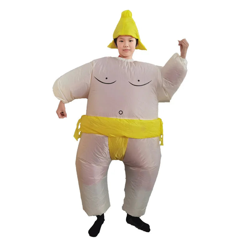 Inflatable Sumo Costume for Kids and Adults, Oversized Wrestler-Style Blow-Up Suit with Colorful Belt Design for Halloween and Cosplay Parties