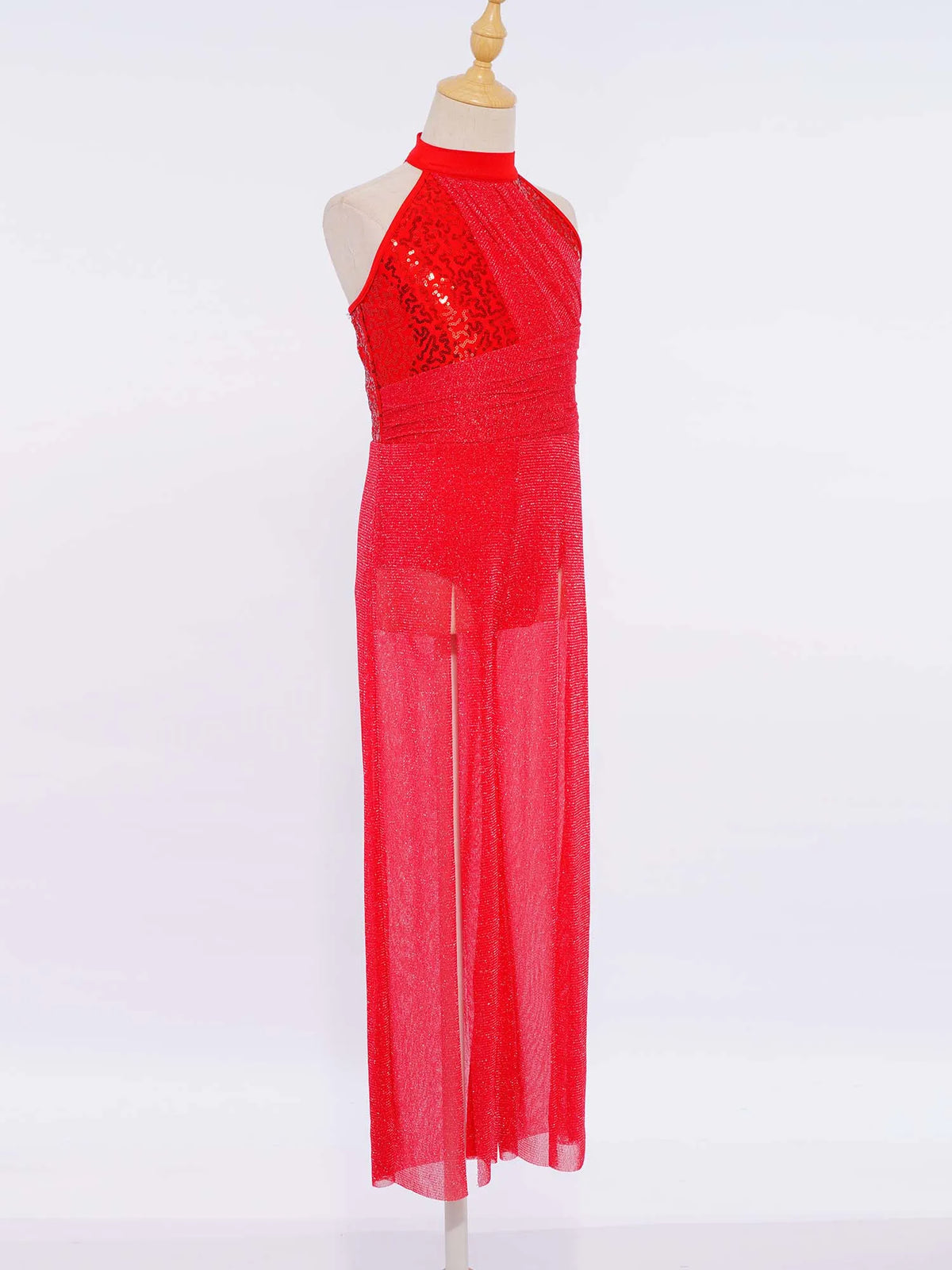 Girls Sequin Dance Jumpsuit with Split Wide-Leg Mesh, Sleeveless Mock Neck and Crisscross Back for Lyrical Recitals and Stage Performances