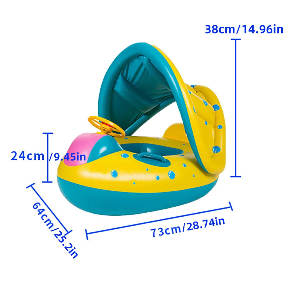 Yellow Baby Pool Float Seat with Sunshade and Steering Wheel, Inflatable Seated Swim Ring for Closely Supervised Summer Pool Play